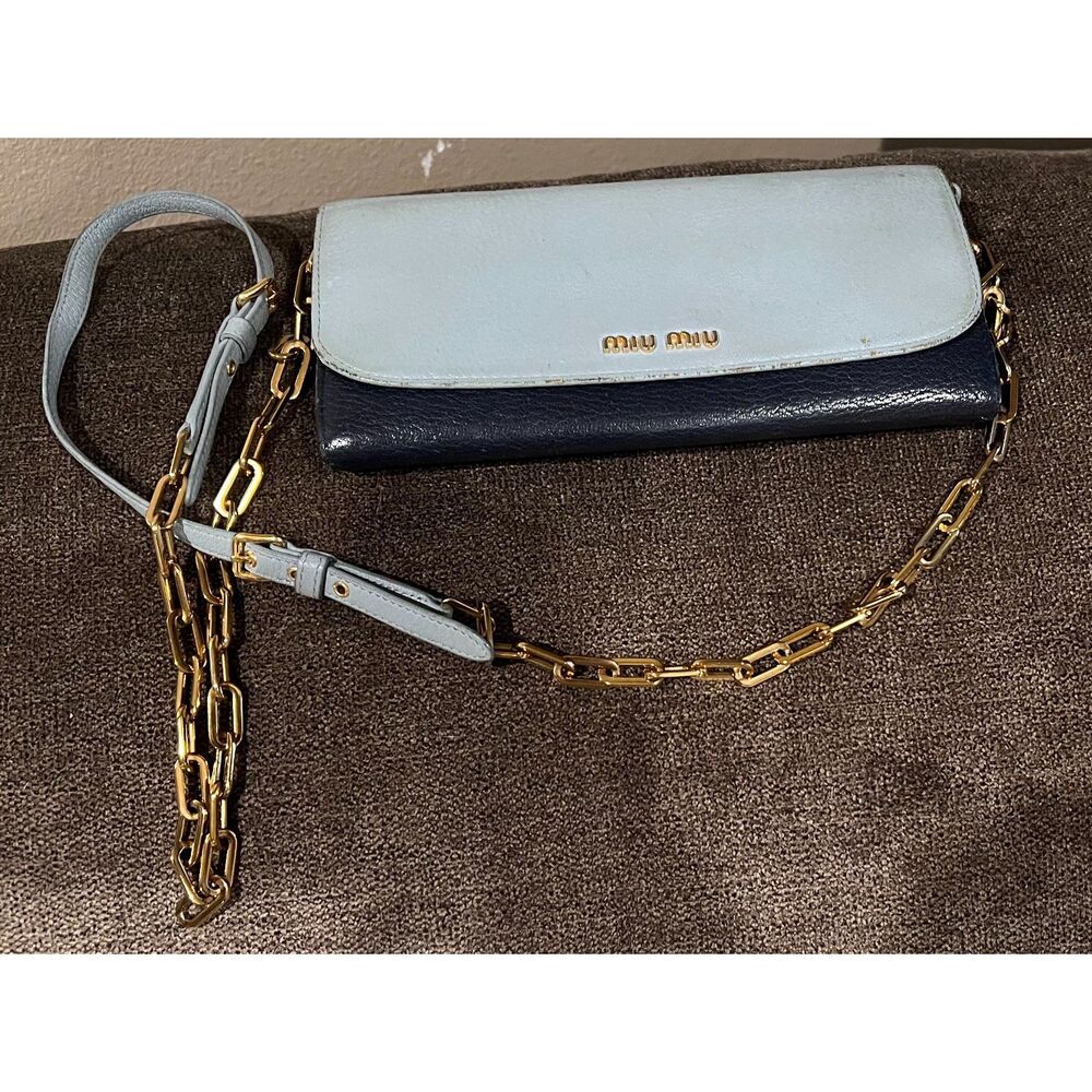 Authentic Miu Miu Wallet On A Chain, Blue With Go… - image 2